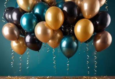 Gold, black, and teal balloons float against a teal backdrop