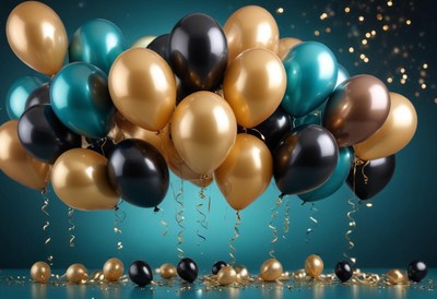 Gold, black, and teal balloons float on blue