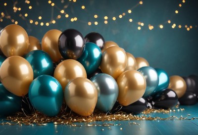 A cluster of metallic balloons in gold, teal, and black
