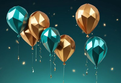 Geometric balloons float against a teal backdrop