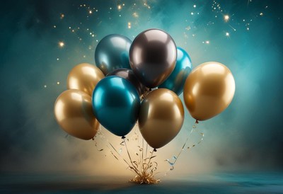 Gold and blue balloons float against a teal background
