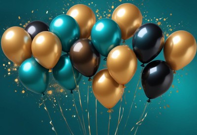 Gold, teal, and black balloons float on teal