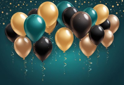 Balloons in gold, black, and teal on blue sky