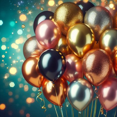 Shiny balloons float in front of a teal background