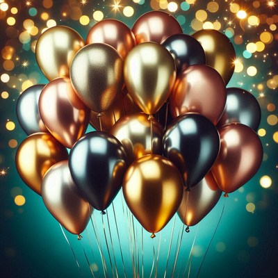 Gold, black, bronze balloons on teal background