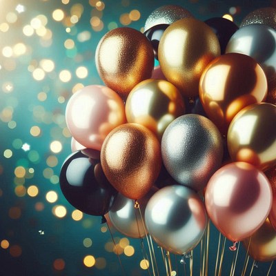 Gold, silver, black balloons on teal background