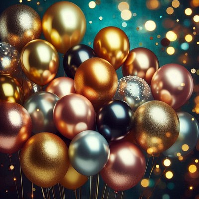 Metallic balloons in gold, copper, silver, black on teal