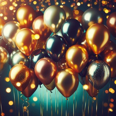 Gold, copper, and green balloons float on teal