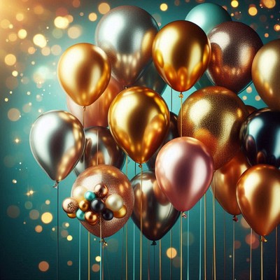 Gold and silver balloons float against a teal background