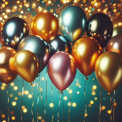 Gold, green, and pink balloons float on blue