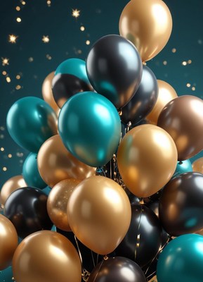 Teal, gold, and black balloons float on teal