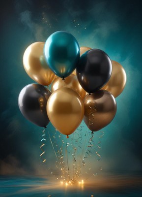 Gold, teal, and black balloons on blue background
