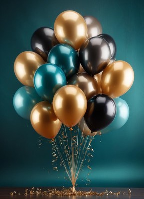 Metallic gold, teal, and black balloons on teal
