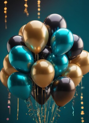 Gold, teal, and black balloons on teal backdrop