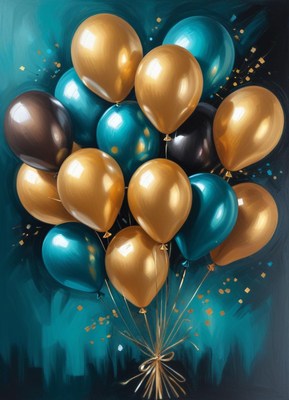 A bunch of teal and gold balloons against a teal background