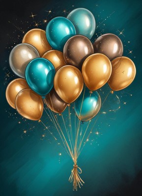 A bunch of balloons float against a teal background