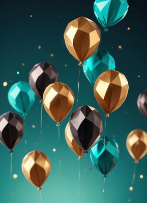 Geometric balloons float against a teal background