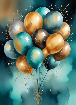 Blue, gold, and silver balloons float on teal