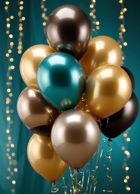 Gold, teal, and silver balloons on teal backdrop