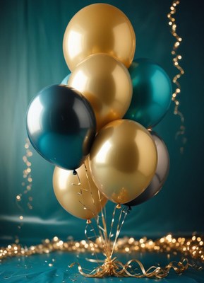 Gold and teal balloons with confetti