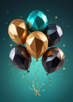 Geometric balloons float against a teal background