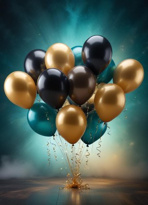 Gold, black, and teal balloons are tied together on a floor