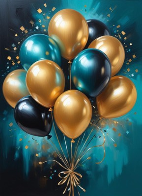 Gold and teal balloons float on a blue backdrop