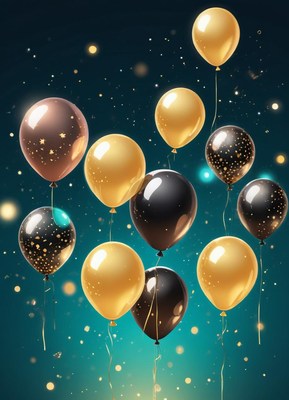 Gold and black balloons float against a blue background