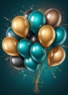 Teal, gold, and black balloons on a teal backdrop