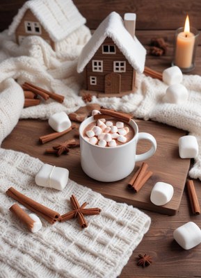 Hot cocoa with marshmallows on a cozy table