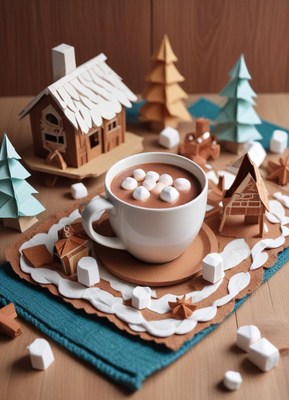 Hot chocolate with marshmallows on a winter scene