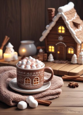 Hot chocolate with marshmallows near a gingerbread house