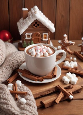 Hot chocolate with marshmallows on a wooden table