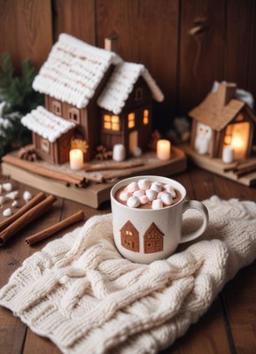 Hot cocoa with marshmallows on a cozy blanket