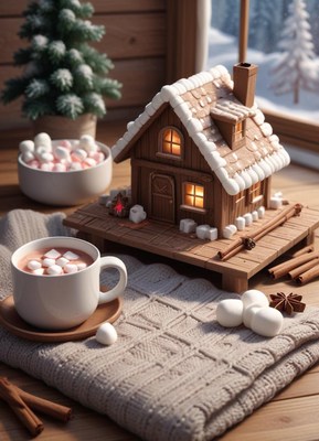 A cozy winter scene with hot cocoa and a gingerbread house