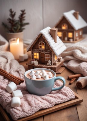 A cozy winter scene with a cup of hot cocoa and marshmallows