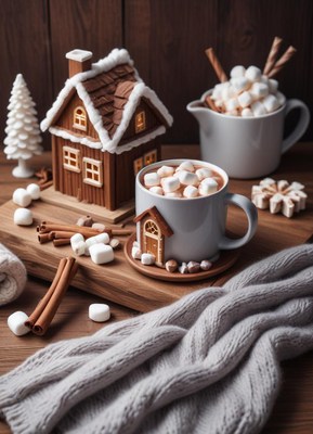 Hot chocolate with marshmallows and a gingerbread house