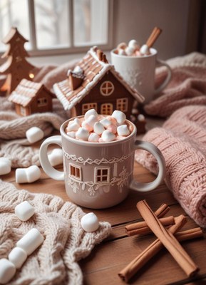 Hot cocoa with marshmallows on a wooden table