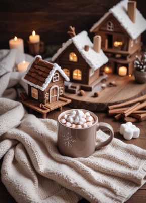 Hot cocoa with marshmallows and gingerbread houses
