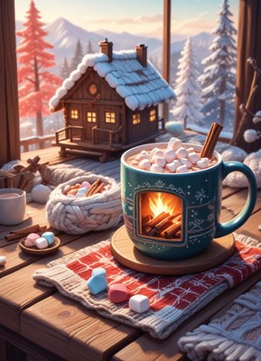 Hot chocolate with marshmallows by a snowy window