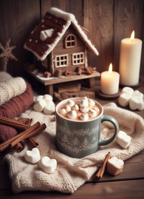 Hot cocoa with marshmallows on a cozy blanket