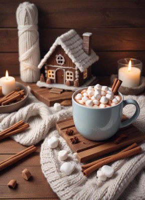 Hot cocoa with marshmallows on a wooden table