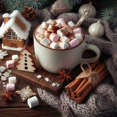 A mug of hot cocoa with marshmallows and cinnamon sticks