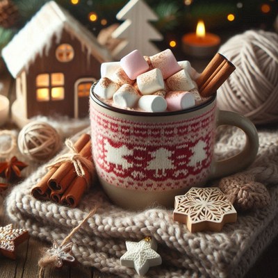 A mug of cocoa with marshmallows on a blanket