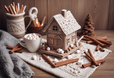 Cozy winter: mini house, hot cocoa, cinnamon sticks