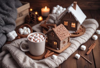 Cozy winter night: hot chocolate, marshmallows, gingerbread