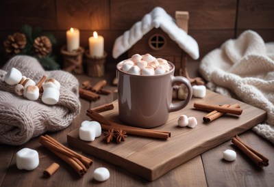 Mug of hot chocolate with marshmallows on wood
