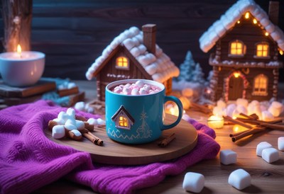 Blue mug of hot chocolate and gingerbread on table