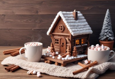 Gingerbread house with mugs of cocoa on a blanket