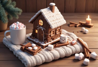 Gingerbread house on a blanket with cocoa and marshmallows